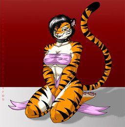 abs anthro big_breasts black_body black_collar black_fur black_hair black_lips black_tail breasts brown_eyes cleavage clothed clothing collar covering covering_self dipstick_tail ear_piercing fangs feet female front_view fur hair hindpaw kneeling lips looking_at_viewer markings multicolored_body multicolored_fur muscular muscular_anthro muscular_female open_mouth orange_body orange_eyes orange_fur orange_tail pawpads paws piercing pink_nose pink_pawpads pink_scarf red_background ribbons scarf seiza short_hair simple_background sitting smile snout solo striped_body striped_fur striped_markings striped_tail stripes studded_collar studs tail tail_markings teeth two_tone_tail white_background white_body white_fur wishbone_mouth crovirus fang-hua_ming felid mammal pantherine tiger