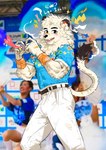 anthro belt blush bottomwear clothing fur hair heart_symbol looking_at_viewer male mane mascot pants photo_background smile smiling_at_viewer solo_focus tail topwear white_body white_fur haru41113 nippon_professional_baseball saitama_seibu_lions leo_(saitama_seibu_lions) felid human lion mammal pantherine 2024 hi_res photography_(artwork)