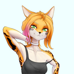 anthro athletic biceps clothing female hair muscular pink_hair ponytail shirt shirt_collar skinny solo topwear hudodriverufo hella_faith cheetah felid feline mammal hi_res
