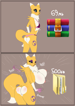 anthro big_breasts big_butt bikini bra breasts butt clothing expansion female fluffy genitals makeup nipples nude panties solo swimwear transformation two-piece_swimsuit underwear vulva booponies conditional_dnp bandai_namco decompressed_file_meme digimon winrar canid canine digimon_(species) fox mammal renamon absurd_res hi_res