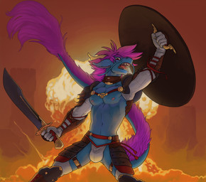 anthro armor barbel_(anatomy) blue_body blue_skin bulge claws clothing cool_guys_don't_look_at_explosions explosion finger_claws flesh_whiskers fur greaves hair jockstrap male mane melee_weapon midriff nipples pauldron poleyn purple_body purple_fur purple_hair purple_mane shield solo tail tail_mane tail_tuft teeth tuft unconvincing_armor underwear vambrace weapon pheel asian_mythology east_asian_mythology mythology chryseus dragon eastern_dragon mythological_creature mythological_scalie scalie 2015