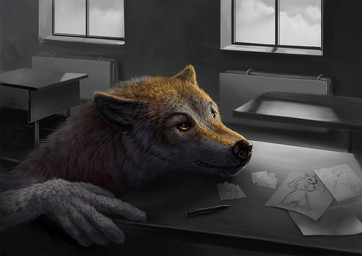 5_fingers against_desk against_furniture against_surface ambiguous_gender anthro black_lips black_nose breasts cloud desk drawing_(object) drawing_in_a_drawing ears_back female fingers fur furniture humanoid_hands inside lips long_mouth looking_up no_sclera orange_eyes painting_(object) paper pivoted_ears school shadow snout solo table white_body white_fur window yellow_body yellow_fur conditional_dnp royz canid canine canis mammal wolf restricted_palette