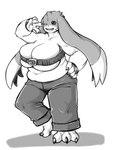 anthro big_breasts breasts cleavage clothed clothing duo female huge_breasts male male/female slightly_chubby kumaneko bandai_namco digimon digimon_(species) gargomon human mammal 3:4 hi_res monochrome