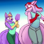 anthro breasts clothed clothing duo female flower fur gloves_(marking) gradient_background hair looking_back markings multi_tail plant purple_body purple_fur red_hair shirt simple_background tail tank_top topwear white_body white_fur foxenawolf kaari maeka_dill canid canine dreamspinner fox mammal 1:1