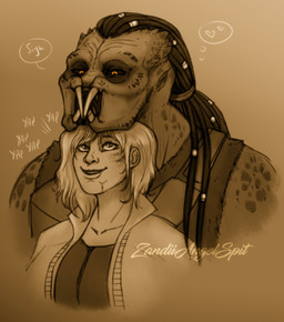 blonde_hair clothing dreadlocks duo female hair jacket machine male male/female markings open_mouth spots spotted_body teeth topwear white_clothing white_jacket white_topwear zandiiangelspit predator:_badlands predator_(franchise) dek_(predator) thia_(predator) alien android humanoid robot robot_humanoid yautja hi_res