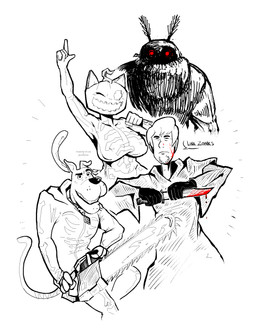 2_horns 5_fingers anthro big_breasts big_mouth_(anatomy) big_nipples biped black_text blood blood_on_face blood_on_knife bodily_fluids bodysuit breasts chainsaw clothed clothed_anthro clothed_female clothed_human clothed_male clothing dialogue empty_eyes eyebrows eyes_mostly_closed facial_hair female fingers floppy_ears food for_a_head freckled_face freckles fruit gesture gloves goatee group hair hand_above_head hand_gesture handwear holding_chainsaw holding_knife holding_object holding_power_tool holding_tool horn huge_nipples humanoid_hands iris knife looking_at_viewer male monotone_background mouth_closed narrowed_eyes nipple_outline nipples no_pupils one_ear_up one_eye_closed open_mouth open_smile partial_speech_bubble plant pointy_ears power_tool prick_ears pumpkin pumpkin_head raised_eyebrow red_eyes robe round_eyes serious short_hair simple_background simple_eyes skinsuit smile smiling_at_viewer snout speech_bubble standing tail talking_to_viewer teeth text thick_eyebrows tight_clothing tools white_background wide_hipped_anthro wide_hipped_female wide_hips wink winking_at_viewer ghastlybum inspectormcpig epic_games fortnite hanna-barbera scooby-doo_(series) scooby-doo shaggy_rogers spice_(fortnite) canid canine canis domestic_cat domestic_dog felid feline felis human mammal monster object_head 2025 artist_collaboration artist_name black_and_white crossover digital_drawing_(artwork) digital_media_(artwork) english_text hi_res monochrome spot_color