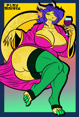 alcohol anthro beverage big_breasts biped breasts clothed clothed_anthro clothed_female clothing container cup dress drinking_glass feet female fingers glass glass_container glass_cup gradient_background green_clothing green_legwear green_sclera green_thigh_highs hair holding_container holding_cup holding_object horn huge_breasts humanoid_feet humanoid_hands legwear looking_at_viewer lying medium_hair non-mammal_breasts on_side pink_clothing pink_dress plantigrade purple_hair scales simple_background smile solo text thigh_highs three-quarter_view toes wine wine_glass yellow_body yellow_scales p1aymannx mythology dragon mythological_creature mythological_scalie scalie 2024 absurd_res alpha_channel artist_name colored hi_res