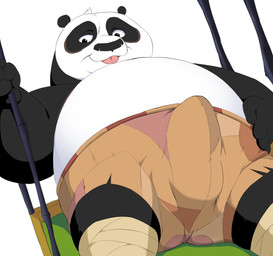 anthro belly blep bottomwear clothing erection erection_under_clothing looking_at_viewer lying male on_back overweight shorts smile smirk solo tongue tongue_out hypnokoo dreamworks kung_fu_panda master_po_ping bear giant_panda mammal hi_res
