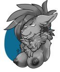 anthro big_breasts breasts female fur glowing glowing_eyes grey_body hair looking_at_viewer nipples nude solo teeth white_eyes tiki_san silverfang_the_steel_wolf canid canine canis mammal wolf hi_res icon