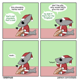 anthro chibi christmas_clothing christmas_headwear clothed clothing dialogue eating grey_body hat headgear headwear holding_object holidays male santa_hat simple_background sitting solo speech_bubble text orbitalis christmas patreon orb_(orbitalis) aquatic fish shark 1:1 english_text hi_res url