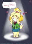 anthro blush bottomwear clothing eyes_closed female hand_on_face heart_symbol pencil_skirt skirt solo tail tail_motion tailwag text onnanoko animal_crossing nintendo isabelle_(animal_crossing) canid canine canis domestic_dog mammal shih_tzu toy_dog 2013 digital_media_(artwork) english_text