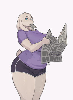 alternate_universe anthro big_breasts blue_eyes breasts female fur horizontal_pupils horn mature_female newspaper pupils smile solo sportswear white_body white_fur wide_hips cumbread deltarune undertale undertale_(series) toriel bovid caprine goat mammal hi_res