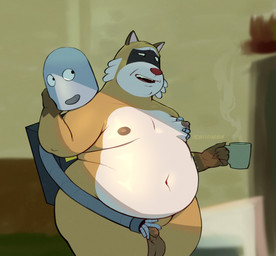 anthro balls belly big_belly brown_body container cup duo genitals groping_from_behind machine male micropenis moob_grab moobs mug nipples overweight overweight_male penis red_nose small_penis hexaflexagoon robot_dreams rascal_(robot_dreams) robot_(robot_dreams) mammal procyonid raccoon robot 2025 absurd_res hi_res