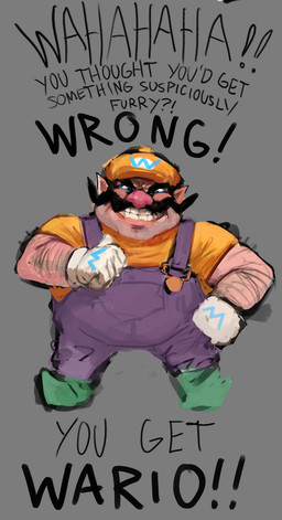 arm_hair big_nose body_hair clothed clothed_humanoid clothed_male clothing dialogue facial_hair fully_clothed fully_clothed_humanoid fully_clothed_male gesture grey_background grin hand_gesture hat headgear headwear looking_at_viewer male musclegut muscular mushroom_kingdom mustache overalls pointing pointing_at_self short_male simple_background smile solo talking_to_viewer tan_body tan_skin teeth text yellow_clothing yellow_hat yellow_headwear pajamamcham mario_bros nintendo wario human humanoid mammal colored digital_drawing_(artwork) digital_media_(artwork) hi_res