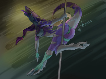 anthro breasts butt claws clothed clothing dancers dancing erotic_play exotic_dancer female fur hair leg_around_pole long_hair looking_at_viewer open_mouth pole pole_dancing simple_background smile solo striped_body striped_fur stripes stripper stripper_pole tail tongue underwear armess mammal sergal 4:3 absurd_res digital_drawing_(artwork) digital_media_(artwork) hi_res