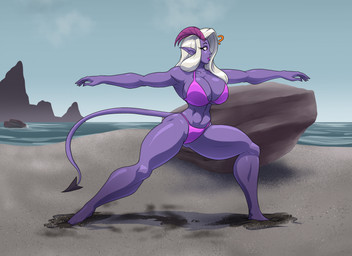 beach big_breasts bikini breasts clothing collarbone eyebrows eyelashes feet female hair horn humanoid_pointy_ears muscular not_furry pink_bikini pink_clothing pink_swimwear pointy_ears purple_body purple_skin question_mark red_eyes solo spade_tail swimwear tail thick_thighs two-piece_swimsuit white_hair wide_hips yoga toughset horned_humanoid humanoid tiefling 2026 hi_res