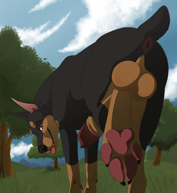 animal_genitalia animal_penis anus balls big_balls big_penis black_body blep blue_sky brown_body brown_eyes brown_sheath butt canine_genitalia canine_penis cloud day detailed_background dewclaw feet feral foot_focus foreshortening genitals glistening glistening_eyes grass knot leg_markings looking_at_viewer low-angle_view male markings nub_tail outside pawpads penis penis_tip plant presenting presenting_anus presenting_balls quadruped red_pawpads red_penis sheath sky socks_(marking) solo text three-quarter_view tongue tongue_out tree unsigned unbreakable-warrior canid canine canis dobermann domestic_dog mammal pinscher 2020 artist_name dated digital_media_(artwork) hi_res