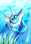 black_nose blue_body blue_eyes detailed_background female kelp pawpads plant semi-anthro smile solo teeth underwater water tarri nintendo pokemon eeveelution generation_1_pokemon pokemon_(species) vaporeon 2017 cel_shading digital_drawing_(artwork) digital_media_(artwork) shaded signature watermark