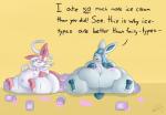 belly big_belly deep_navel dialogue duo eyes_closed female feral fur morbidly_obese navel obese overweight semi-anthro simple_background smile text thick_thighs dullpoint nintendo pokemon eeveelution generation_4_pokemon generation_6_pokemon glaceon mammal pokemon_(species) sylveon 2017 english_text