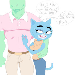 4_fingers age_difference anthro arm_around_partner belt belt_buckle bent_arm big_breasts big_eyes biped black_eyebrows black_eyes black_markings black_text blue_body blue_bottomwear blue_clothing blue_ears blue_fur blue_skirt blue_tail bottomwear breasts brown_belt buckle button_(fastener) clothed clothed_anthro clothed_female clothed_human clothed_male clothing collared_shirt curved_eyebrows dialogue duo elderly elderly_anthro elderly_female eyebrows eyelashes eyeless facial_markings female female_on_human fingers fully_clothed fully_clothed_anthro fully_clothed_female fully_clothed_human fully_clothed_male fur green_body green_skin hand_on_another's_chest hand_on_chest head_markings hug human_on_anthro interspecies iris larger_human larger_male light_body light_fur light_skin long_eyelashes looking_at_another looking_at_partner looking_up looking_up_at_another looking_up_at_partner male male/female male_on_anthro markings mature_anthro mature_female monotone_body monotone_skin monotone_tail muscular muscular_human muscular_male muzzle_(marking) name_drop name_in_dialogue narrowed_eyes no_pupils older_anthro older_female open_mouth open_smile pants pink_clothing pink_nose pink_polo_shirt pink_shirt pink_tongue pink_topwear pointy_ears polo_shirt prick_ears profanity shirt simple_background size_difference skirt sleeveless_clothing sleeveless_sweater sleeveless_topwear smaller_anthro smaller_female smile speech_bubble standing sweater tail talking_to_viewer tan_bottomwear tan_clothing tan_pants teeth term_of_endearment text thick_eyebrows thick_neck three-quarter_view tongue topwear turtleneck whisker_markings white_background white_markings white_sclera white_speech_bubble wide_hipped_anthro wide_hipped_female wide_hips yellow_clothing yellow_sweater yellow_topwear younger_human younger_male 4chan_anon unknown_artist cartoon_network the_amazing_world_of_gumball anon mary_senicourt domestic_cat felid feline felis human mammal 1:1 2025 digital_drawing_(artwork) digital_media_(artwork) english_text