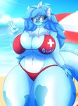 5_fingers anthro beach_umbrella big_breasts bikini black_sclera blue_body blue_hair breasts clothing eyewear female fingers glasses hair hip_dips lifeguard parasol solo swimwear tail text text_on_clothing text_on_swimwear thick_thighs two-piece_swimsuit white_eyes wide_hips nightlyflare nintendo pokemon splash_(vap_enjoyerts) eeveelution generation_1_pokemon pokemon_(species) vaporeon 2023 hi_res