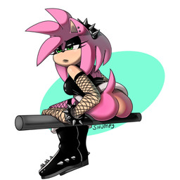 accessory alternative_fashion anthro armwear big_butt black_boots black_clothing black_dress black_eyeshadow black_footwear black_nose blue_background boots bracelet breasts butt clothed clothing dress ear_piercing eyeshadow female fishnet_armwear fishnet_clothing fishnet_legwear footwear fur goth green_eyes hair hair_accessory hairband head_tuft jewelry legwear makeup no_underwear piercing pink_body pink_fur pink_hair rear_view shoes short_hair simple_background solo spiked_bracelet spiked_hairband spikes tan_body tan_fur thick_thighs tuft white_background wide_hips shumpy sega sonic_the_hedgehog_(series) amy_rose eulipotyphlan hedgehog mammal 1:1 hi_res