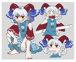 accessory armwear barefoot blue_clothing blue_dress border bovid_horn caprine_horn clothing crouching curly_hair detached_sleeves dress ear_piercing ear_ring feet female frilly frilly_clothing frilly_dress furgonomics goat_horn grin hair hand_on_hip horn horn_accessory horn_ribbon humanoid_pointy_ears looking_at_viewer multiple_poses open_mouth pattern_clothing piercing pointy_ears pose red_eyes red_horn red_sleeves ribbons ring_piercing sharp_teeth simple_background smile solo spiral_pupils teeth white_border white_hair furukawa_(yomawari) touhou yuuma_toutetsu horned_humanoid humanoid hi_res