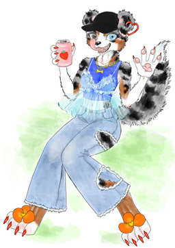 alcohol alternative_fashion anthro baseball_cap beverage beverage_can blue_bottomwear blue_clothing blue_eyes blue_jeans blue_pants bottomwear breasts claws clothed clothing colored_nails denim denim_bottomwear denim_clothing ear_piercing ear_ring feet female food fur grey_body grey_fur hat headgear headwear heterochromia jeans jewelry looking_at_viewer nails necklace open_mouth pants pawpads paws piercing plant ring_piercing shirt simple_background sitting smile solo tail teeth text tongue tongue_out topwear torn_bottomwear torn_clothing torn_jeans torn_pants translucent translucent_clothing translucent_topwear kyokyota australian_shepherd canid canine canis domestic_dog herding_dog mammal pastoral_dog sheepdog 2025 english_text hi_res