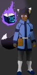 anthro black_hair blue_clothing blue_coat blue_footwear blue_shoes blue_topwear bottomwear clothing coat dark_body dark_skin footwear grey_bottomwear grey_clothing grey_pants grimoire hair magic_user magic_user_outfit male pants purple_eyes shoes solo topwear sinisterslyfox canid canine fox hybrid mammal absurd_res digital_media_(artwork) hi_res