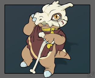 1_toe 4_fingers anthro bone bone_club bone_mask broken_horn brown_body brown_poncho brown_scales clothing countershading cute_fangs digitigrade fangs fin fingers horn looking_at_viewer looking_up looking_up_at_viewer male mask poncho pupils scales scarf simple_background skull skull_mask slit_pupils snaggle_tooth solo standing stripes tail tan_body tan_scales teeth yellow_eyes yellow_scarf benji_(artist) nintendo pokemon fan_character trip_(doesnotexist) cubone generation_1_pokemon pokemon_(species) scalie 2026 digital_media_(artwork) hi_res signature