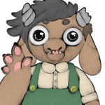 4_fingers ambiguous_gender anthro big_eyes broken_horn brown_body brown_fur claws clothed clothing collared_shirt fangs fingers fur green_clothing green_overalls grey_hair grey_horn hair horn overalls pawpads shirt short_hair simple_background solo tan_clothing tan_shirt tan_topwear teeth tongue tongue_out topwear white_background manitka manitka_storm bovid bovine cattle mammal 1:1 2021 digital_media_(artwork) low_res