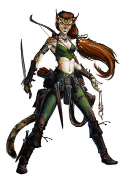 anthro bottomwear bow_(weapon) breasts brown_body brown_fur brown_hair clothing dagger female fur green_bottomwear green_clothing green_pants green_topwear hair holding_amulet holding_dagger holding_melee_weapon holding_object holding_weapon melee_weapon navel pants ponytail quiver_(object) ranged_weapon simple_background solo tail topwear weapon white_background ben_wootten paizo pathfinder felid mammal 2018 hi_res official_art