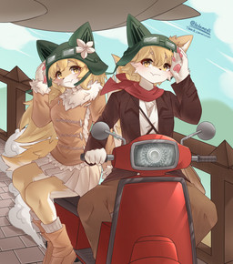 anthro blonde_hair duo female hair male motorcycle vehicle yellow_body yellow_eyes lalamedli cyberconnect2 fuga:_melodies_of_steel little_tail_bronx chick_montblanc hack_montblanc canid canine canis domestic_dog herding_dog mammal pastoral_dog welsh_corgi absurd_res hi_res