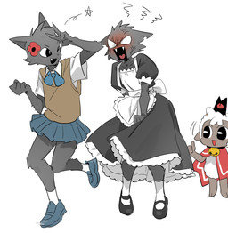 ambiguous_anthro ambiguous_gender anthro bell bell_collar blush bottomwear clothed clothed_anthro clothing collar embarrassed gesture group hand_gesture maid_uniform simple_background skirt thumbs_up trio uniform white_background 2_3up cult_of_the_lamb massive_monster_(studio) aym_(cult_of_the_lamb) baal_(cult_of_the_lamb) lamb_(cult_of_the_lamb) red_crown_(cult_of_the_lamb) bovid caprine domestic_cat felid feline felis mammal sheep 2026 digital_drawing_(artwork) digital_media_(artwork) hi_res brother_(lore) brothers_(lore) sibling_(lore)