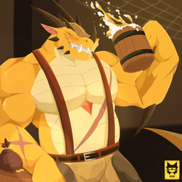 abdominal_scar alcohol anthro arm_scar bag beer beer_mug belt beverage blush bottomwear brown_spikes clothing coin container cup drunk eyes_closed facial_horn facial_spikes gold_(metal) gold_coin holding_container holding_cup holding_mug holding_object horn jaw_spikes logo male mug musclegut muscular nose_horn pecs scar solo spikes spikes_(anatomy) spilling_drink substance_intoxication suspenders toothy_grin yellow_body citsy_404 mythology dragon mythological_creature mythological_scalie scalie wingless_dragon 1:1 artist_logo digital_media_(artwork) hi_res