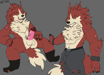 abs anthro balls black_clothing black_footwear black_socks bottomless bottomwear brown_body claws clothed clothing erection fluffy fluffy_chest footwear fur fur_tuft genitals grey_bottomwear grey_clothing grey_pants humanoid_genitalia humanoid_penis looking_at_viewer male maroon_fur muscular neck_tuft open_mouth open_smile pants penis ripped_socks scar smile smiling_at_viewer smirk smirking_at_viewer socks solo topless torn_clothing tuft yellow_eyes nasthane epic_games fortnite lyca canid canine mammal werecreature hi_res