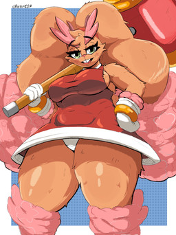 anthro brown_body clothing cosplay costume dress female green_eyes looking_at_viewer panties panty_shot piko_piko_hammer pink_fluff red_clothing red_dress short_stack solo thick_thighs underwear video_game_reference wide_hips meeart117 nintendo pokemon sega sonic_the_hedgehog_(series) ha-re_za_warudo_(genozawarudo) generation_4_pokemon lopunny pokemon_(species) absurd_res hi_res