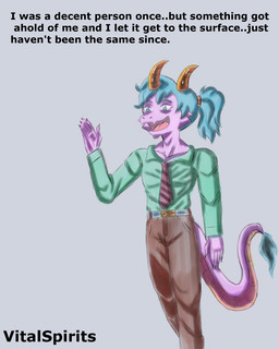 clothing hair male ponytail smile suit tail text wave vitalspirits ace_goldspice animal_humanoid humanoid scalie scalie_humanoid 4:5 english_text shaded