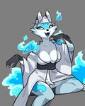 2023 asian_clothing blue_body blue_eyes blue_fur blue_tongue breasts canid canine clothing cute_fangs east_asian_clothing female fox fur half-closed_eyes hi_res humanoid japanese_clothing kemono mammal narrowed_eyes nulia open_mouth simple_background solo tongue yuurei-chan