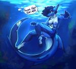 anthro bandage black_hair breasts dialogue female hair jewelry necklace nipples non-mammal_breasts nude red_eyes solo tail text thick_tail thick_thighs underwater water kawfee erin_(kawfee) fish marine shark digital_media_(artwork) english_text shaded