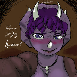 anthro blush blush_lines breasts brown_clothing brown_topwear clothed clothed_anthro clothed_female clothing complimenting_viewer curly_hair dialogue eyelashes facial_horn female freckled_breasts freckled_face freckles frill_(anatomy) hair horn jewelry long_eyelashes looking_at_viewer markings necklace non-mammal_breasts open_mouth purple_body purple_eyes purple_hair seductive short_hair solo spots spotted_markings talking_to_viewer teeth text topwear anfitrionaaa goodbye_volcano_high ko_op_(game_developer) trish_(gvh) ceratopsian ceratopsid chasmosaurine dinosaur marginocephalian ornithischian prehistoric_species reptile scalie triceratops 1:1 absurd_res artist_name bust_portrait colored english_text guide_lines hi_res portrait shaded