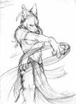 anthro belly_dancer bottomwear clothing collar dancing inside loincloth looking_at_viewer male sarong smile solo vellum tuuwa canid canine canis coyote mammal absurd_res hi_res monochrome