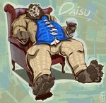 4_toes abstract_background alcohol anthro barefoot beckoning beverage black_pawpads blue_clothing blue_shirt blue_topwear brown_eyes brown_mane chair clothing feet fur furniture gesture holding_wine_glass leather_chair looking_at_viewer male mane on_chair overweight overweight_anthro overweight_male pawpads shirt sitting sitting_on_chair solo stretched_shirt tan_body tan_clothing tan_fur toes topwear whiskers white_undershirt wide_feet wine pinkgirlpen blizzard_entertainment warcraft daisu_panda bear mammal pandaren 2021 character_name digital_media_(artwork) hi_res signature