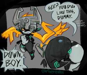 anus armor bent_over big_butt black_background black_body butt clothing dialogue female female_humanoid front_view fused_shadow green_anus green_markings grey_background grey_body hair headgear headwear helmet humanoid_pointy_ears insult markings mostly_nude mostly_nude_female mostly_nude_humanoid navel one_eye_obstructed pointy_ears ponytail prehensile_hair rear_view red_eyes shortstack simple_background solo speech_bubble text thick_thighs wide_hips yellow_sclera riveren_(artist) nintendo the_legend_of_zelda twilight_princess midna humanoid imp twili english_text