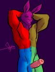 anthro blue_body blue_fur erection foreskin fur genitals green_body green_fur humanoid_genitalia humanoid_penis male multicolored_body muscular muscular_anthro muscular_male nude penis purple_body purple_fur red_body red_fur simple_background solo yellow_body yellow_fur bgn lagomorph leporid mammal rabbit hi_res