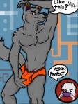 2016 anthro black_nose blush briefs briefs_only bulge canid canine canis cellphone clothed clothing crotch_grab dialogue digital_media_(artwork) duo electronics english_text featureless_chest fur grey_body grey_fur grope hair looking_at_viewer male mammal max_(notkastar) muscular orange_briefs orange_clothing orange_underwear partially_clothed pecs phone rainbow red_briefs red_clothing red_underwear simple_background smile solo_focus speech_bubble spirit.wolf._(artist) standing text topless underwear underwear_only wolf zatch_(notkastar)