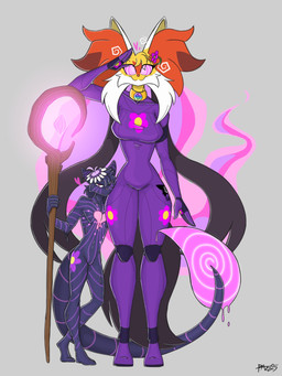 anthro black_latex bodysuit breasts clothing collar delphoxite_(mega_stone) duo female fur gesture hypnosis hypnotic_tail larger_anthro larger_female latex latex_bodysuit latex_clothing latex_skinsuit leaf leaf_tail liquid_latex male mega_stone mega_stone_collar mind_control multicolored_body multicolored_fur orange_body orange_fur pink_eyes plant purple_latex salute size_difference skinsuit smaller_anthro smaller_male spiral spiral_eyes staff tail tight_clothing white_body white_fur yellow_body yellow_fur boxidle nintendo pokemon scarlett_(boxidle) spice_spells domestic_cat elemental_creature felid feline felis flora_fauna generation_9_pokemon mammal mega_delphox mega_evolution pokemon_(species) 2025 3:4 hi_res