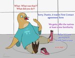 after_transformation alien anthro avian bird bissem_(the_nature_of_predators) clothing dialogue dustin_leo_curtis_(nature_of_predators) heroman_(artist) hi_res male oversized_clothing penguin shoe_burst solo species_transformation the_nature_of_predators torn_clothing transformation