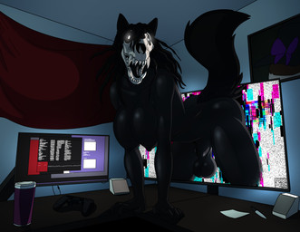 animal_genitalia anthro balls big_balls big_breasts black_body black_fur black_hair black_skin black_tongue bone breasts computer desk electronics fur furniture genitals glitch gynomorph hair intersex looking_at_viewer nipples saggy_balls sheath skull skull_head solo table tail through_screen tongue nx-42 scp_foundation scp-1471-a canid canine malo mammal absurd_res hi_res