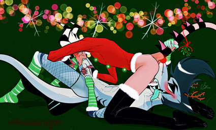 anal bottomless butt butt_focus clothed clothing duo feet fellatio holiday_dressed holidays legwear male male/male mistletoe mistletoe_on_tail oral penile plant presenting presenting_hindquarters raised_tail rimming sex shirt shirt_only simple_background stockings tail thigh_highs topwear topwear_only suicidedragon christmas hellaverse helluva_boss chazwick_thurman rudolph_the_red-nosed_reindeer striker_(helluva_boss) aquatic demon fish humanoid imp scalie shark hi_res